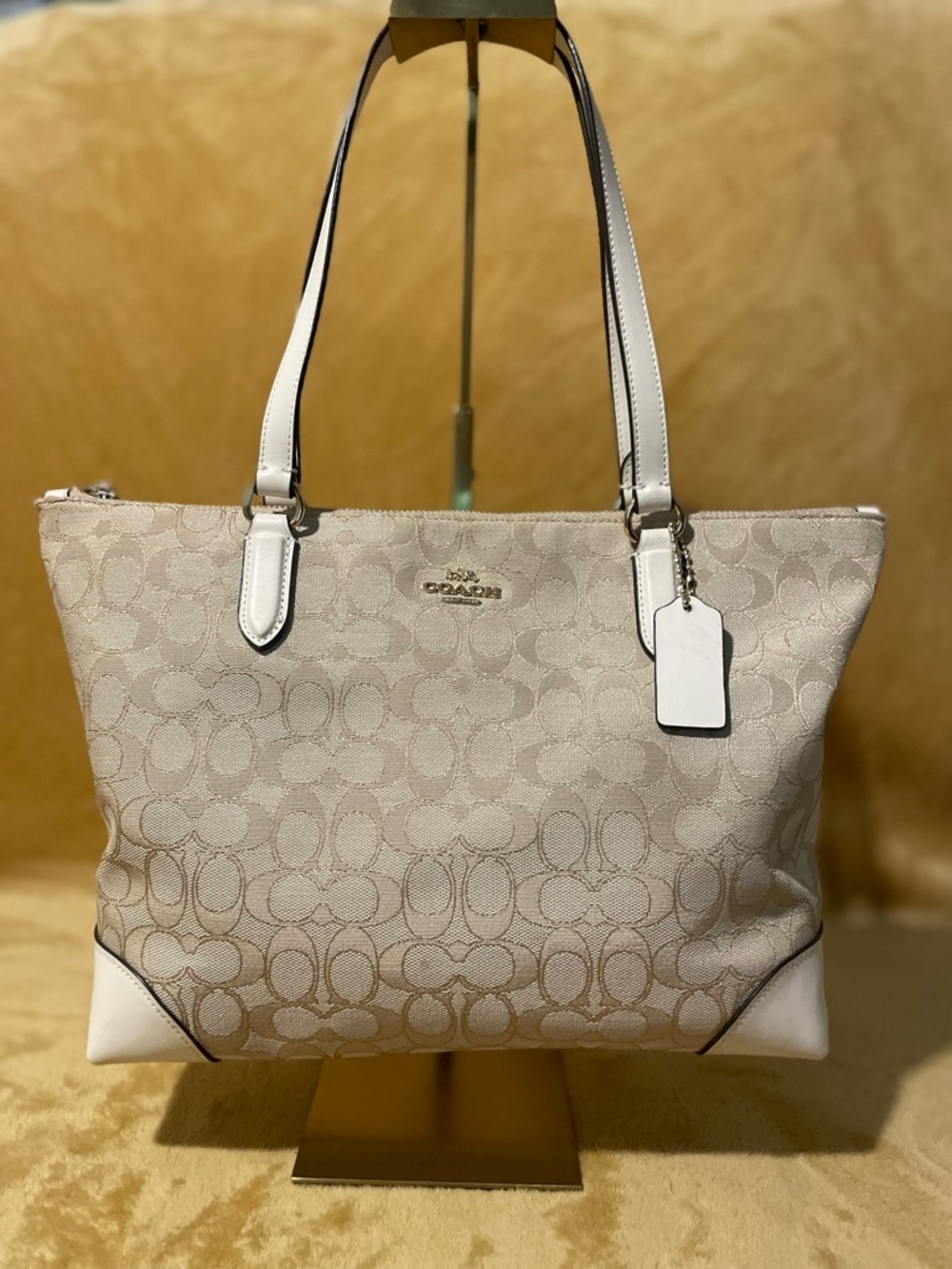 Coach Beige & White Signature Canvas Zip Top Tote